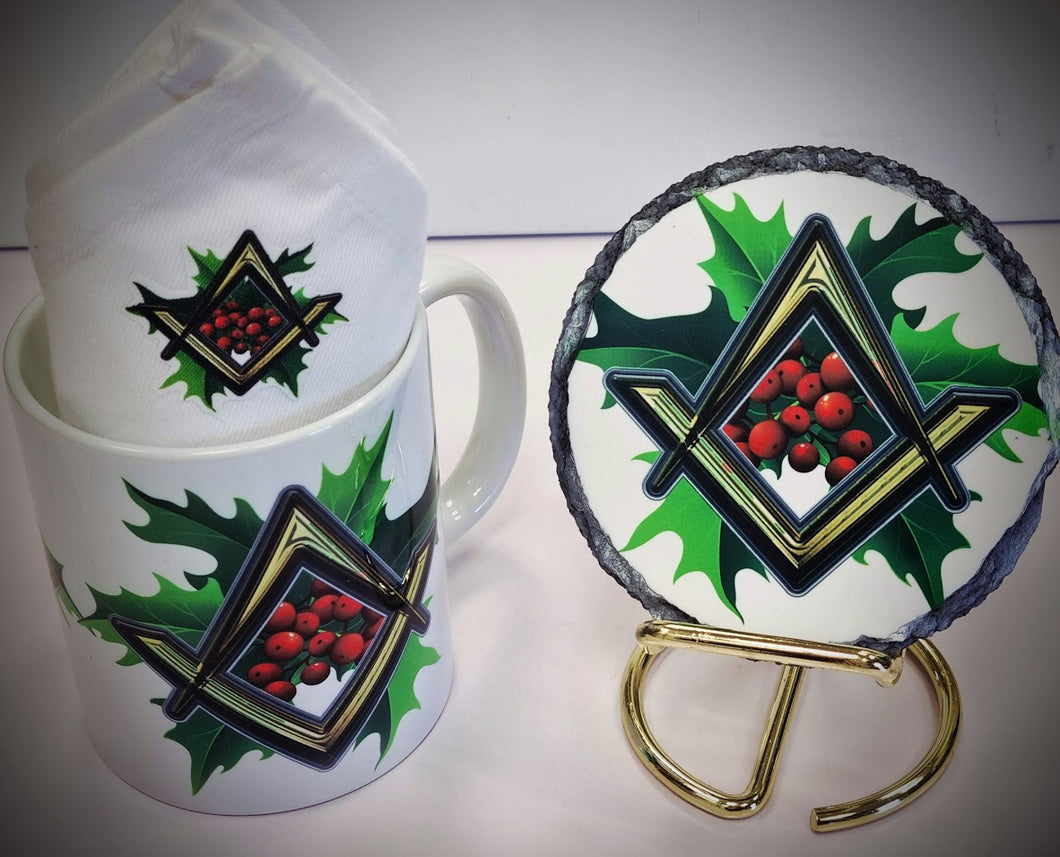 Masonic Themed, mug, serviette and coaster set