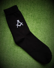 Load image into Gallery viewer, Black Socks With White Square &amp; Compasses
