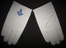 Load image into Gallery viewer, White Masonic Gloves Blue Square &amp; Compasses with G
