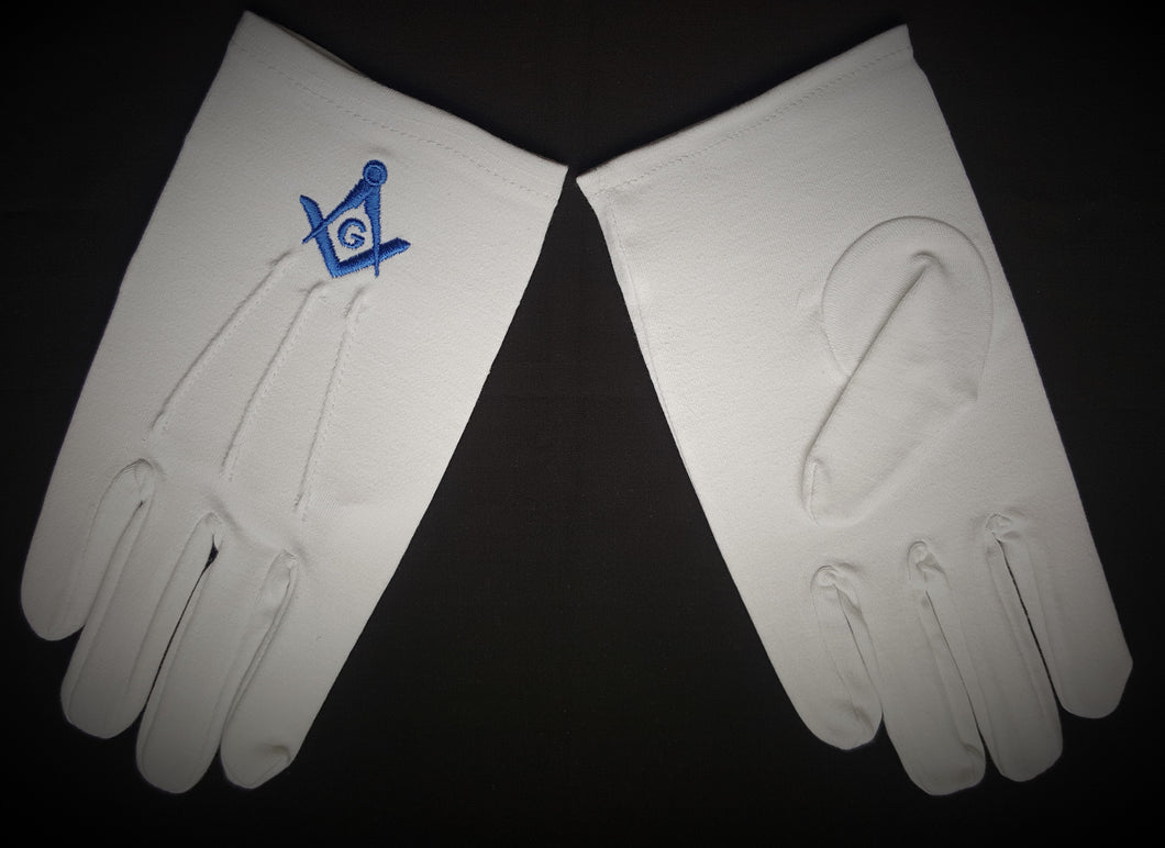 White Masonic Gloves Blue Square & Compasses with G