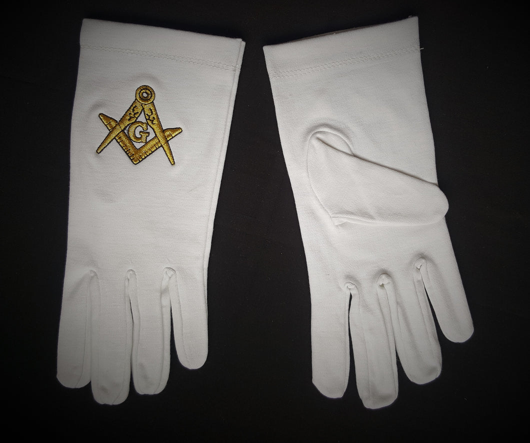 White Cotton Masonic Gloves. Gold embroidered S&Cs with G